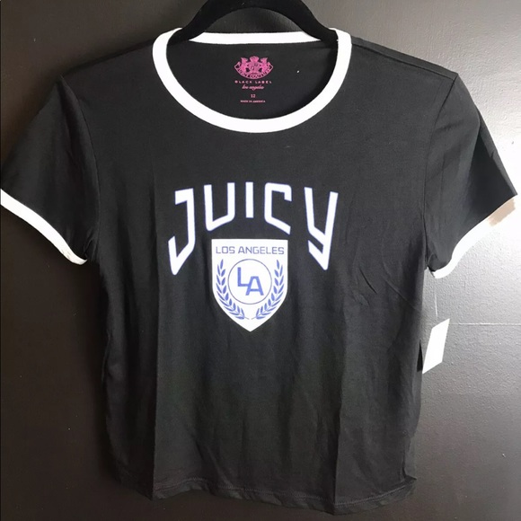 New JUICY COUTURE LA Crest Logo Tee T-shirt Black White Trim California JC Girls - Picture 10 of 11